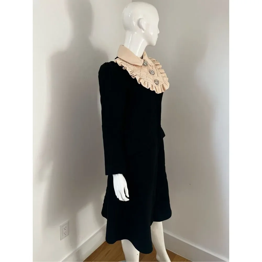 Black Baby Doll Bib Long Coat Sz XS 100% Wool Mushroom Bejeweled Buttons - Picture 6 of 11